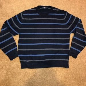 Striped navy blue and grey crew neck sweater
